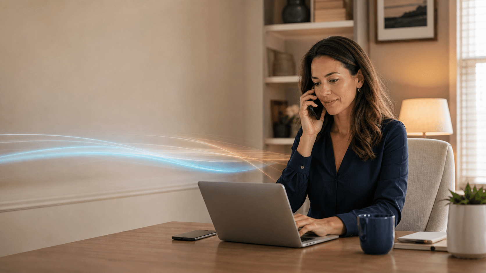 A home-care intake coordinator responding to a family inquiry by phone and laptop